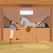 Caballenisas Girl with apple near grey trotter in stall with horseshoes, saddle and whip flat composition vector illustration